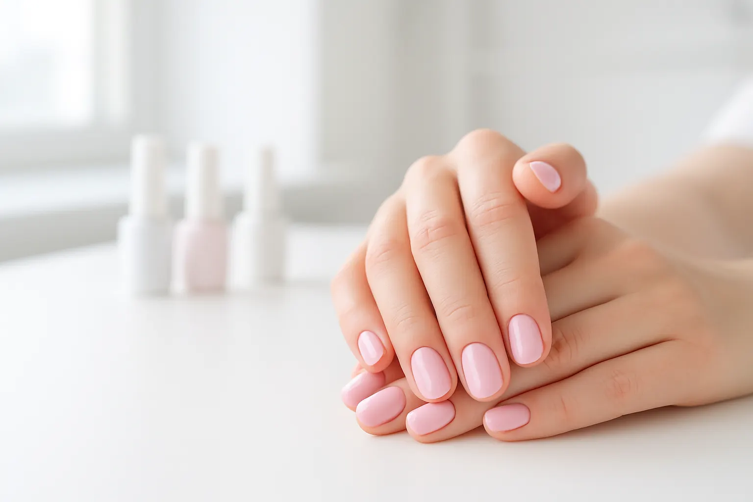 Dos manos con uñas cortas rosadas sobre una mesa blanca, con frascos de esmalte al fondo. Imagen ilustrativa.